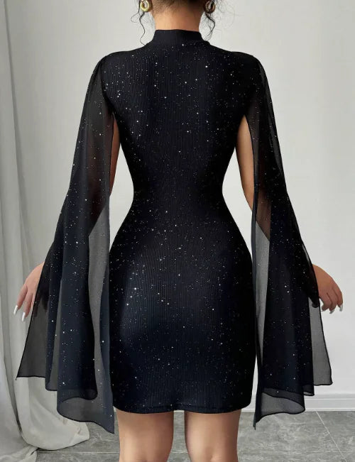 Pearl Chiffon Cape Bodycon Dress with Round Neck