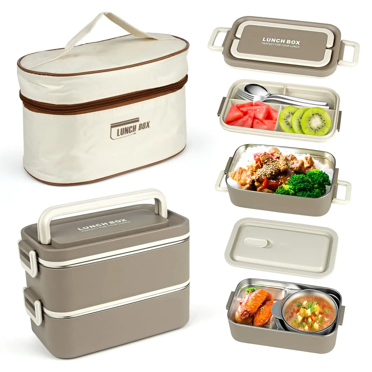 Keweis Bento Box Adult Lunch Box Portable Insulated Lunch Containers Set 2-Tier Stackable Stainless Steel Bento Boxes with Thermal Lunch Bag Soup Bowl Leakproof Food Container
